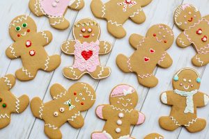 Tray of gingerbread men, decorated for Christmas
