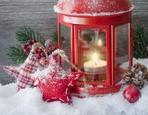 Christmas scene with snow and lantern